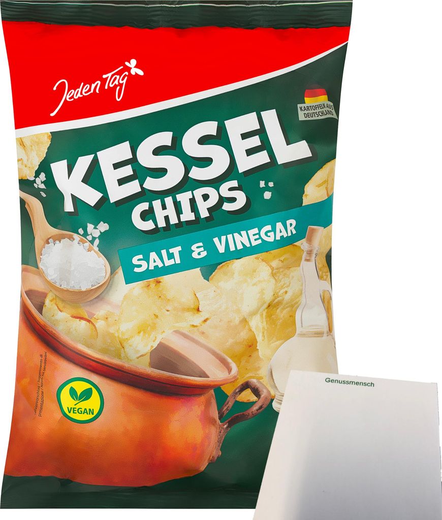 Jeden Tag Kesselchips Salt & Vinegar (150g Packung) + usy Block
