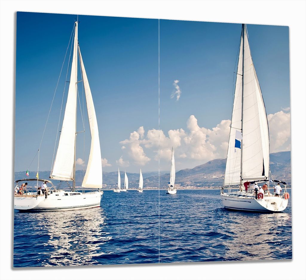 Wallario Herdabdeckplatte aus Glas, Größe 60 x 52 cm 2-teilig, Motiv Segelschiff auf dem Mittelmeer