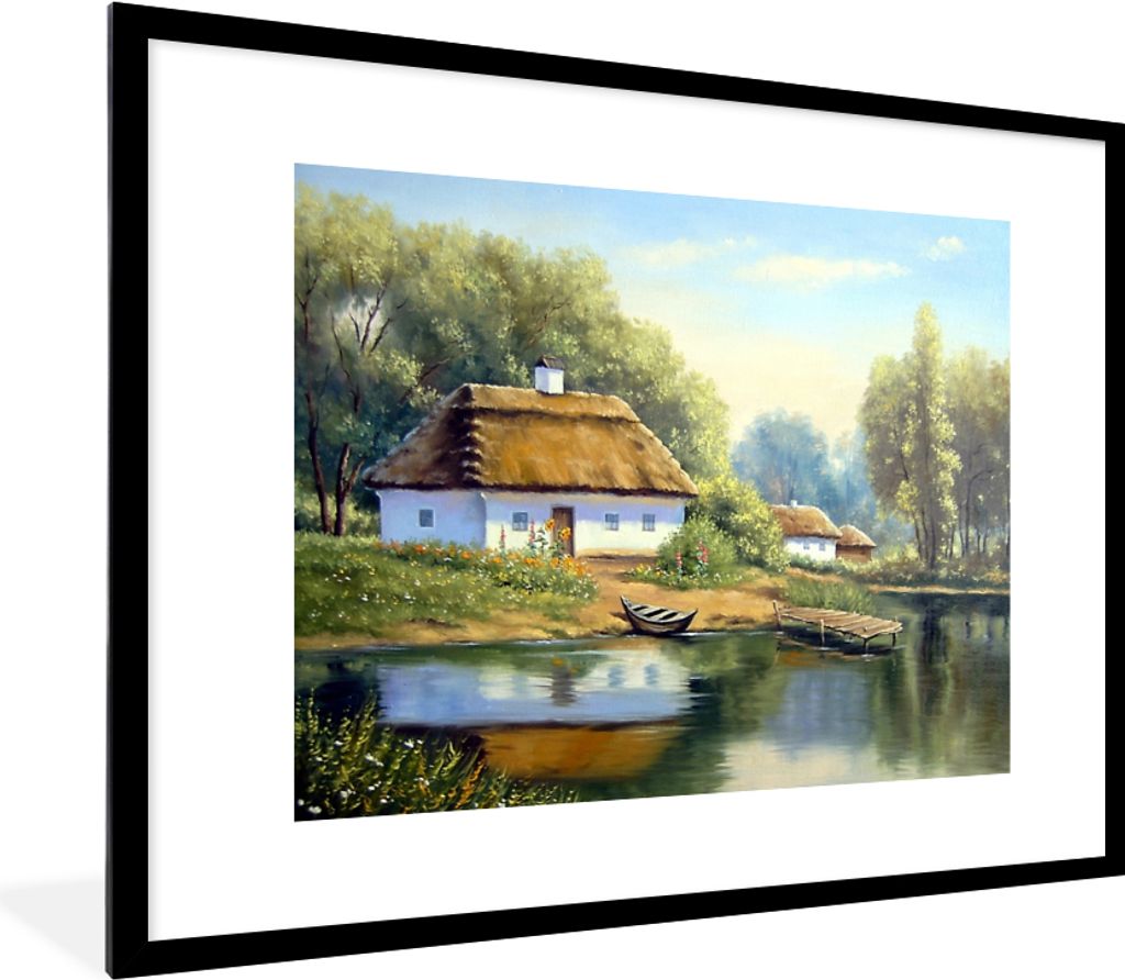 MuchoWow Gerahmtes Poster Malerei - Haus - Natur - Wasser - Ölfarbe 80x60 cm - Poster mit Schwarzem Bilderrahmen Wandposter Rahmen Foto Bilder -...