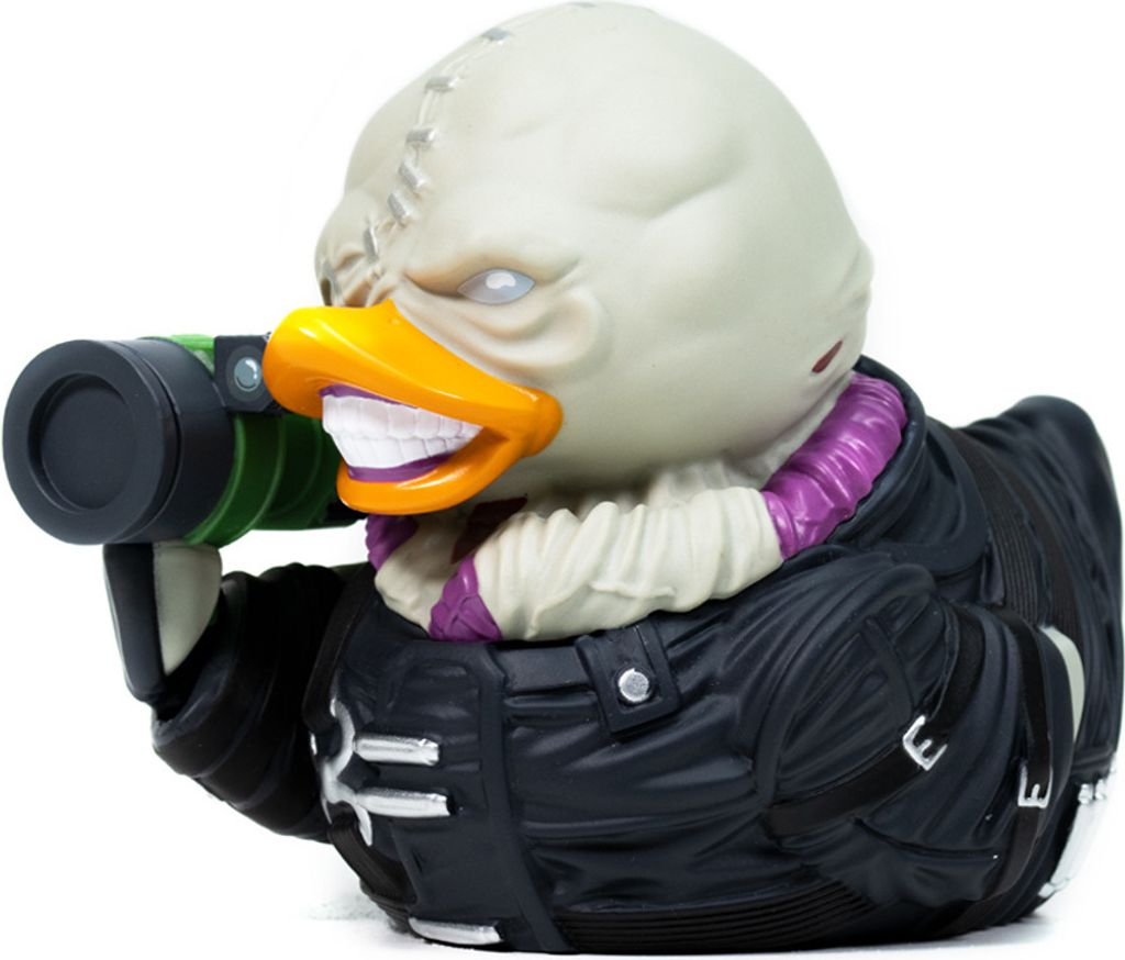 A rubber duck toy designed to resemble the Nemesis character from Resident Evil.