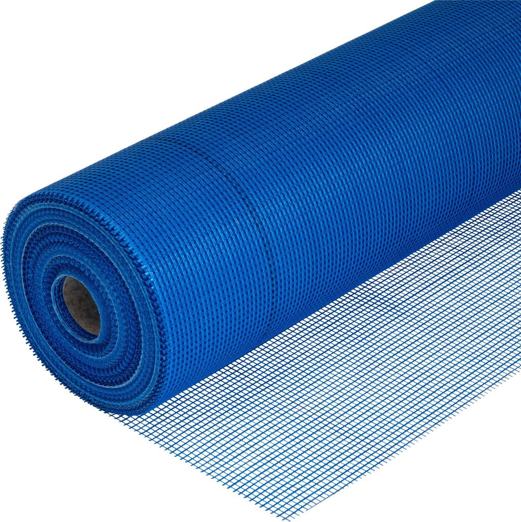 A roll of blue fiberglass mesh fabric.