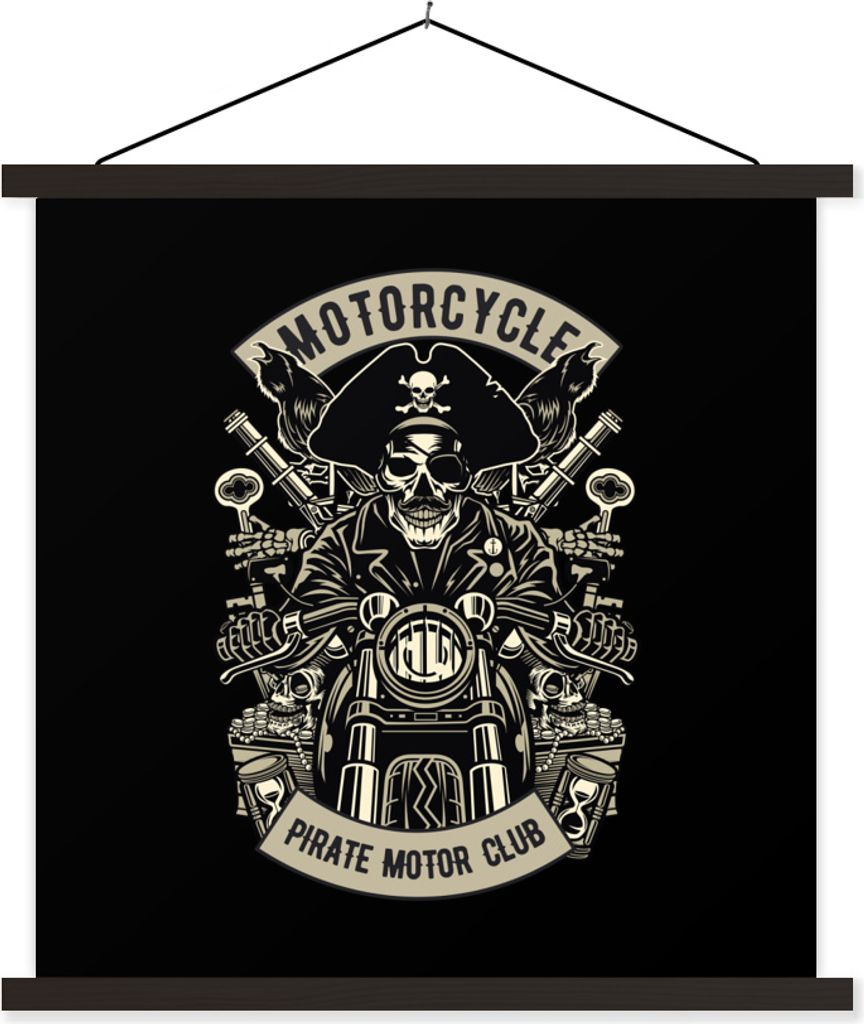 MuchoWow Textilposter Motor - Skelett - Pirat - Vintage 90x90 cm mit schwarzem Rahmen - Magnetisches