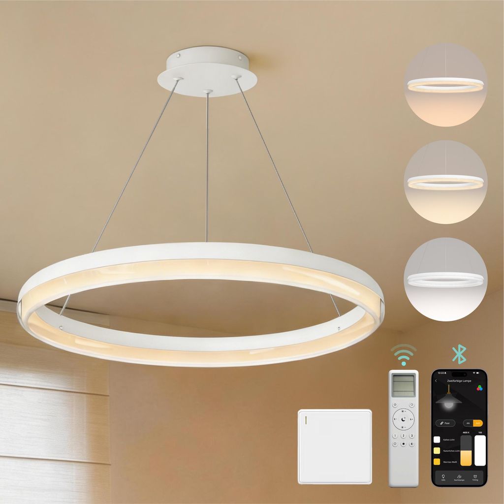 Mai & Mai Pendelleuchte Esstisch, 65cm LED Hängelampe, stufenlos dimmbar höhenverstellbare 30W Esstischlampe mit Fernbedienung Sandweiß Luvina05