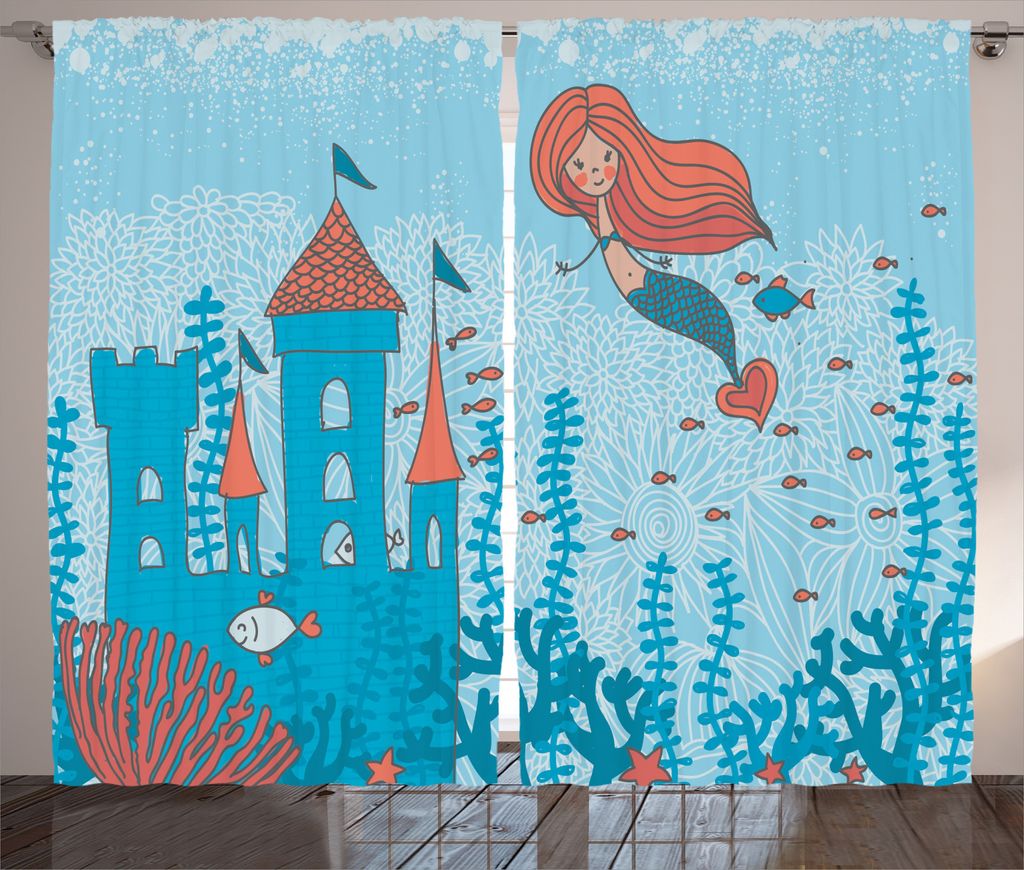 ABAKUHAUS Meerjungfrau Rustikaler Vorhang, Cartoon Schloss Corals, Wohnzimmer Universalband Gardinen mit Schlaufen und Haken, 280 x 245 cm, Teal or...