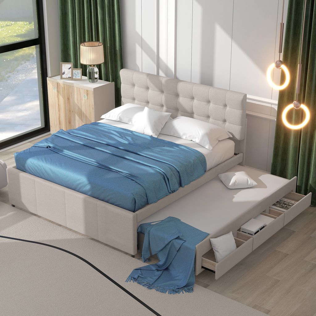 A bedroom scene featuring a bed with a pull-out trundle and storage drawers.
