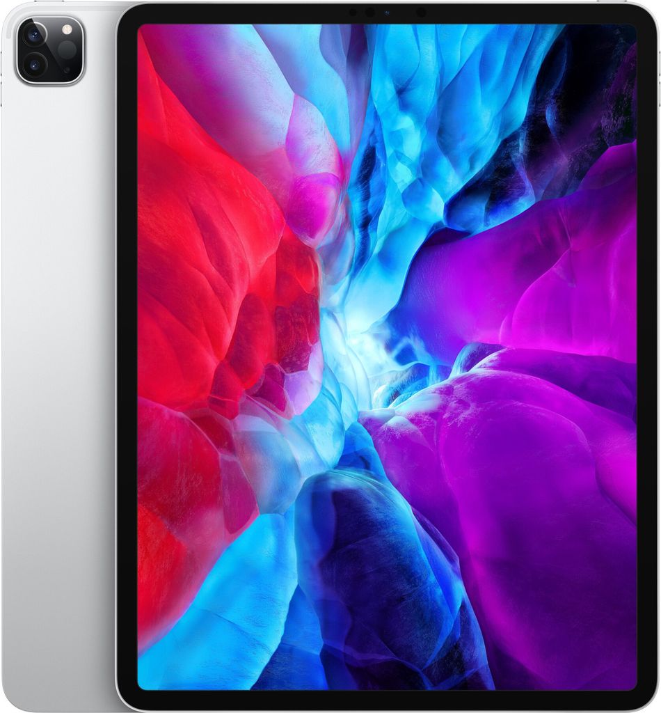 A silver Apple iPad Pro 12.9" (2020) with a colorful wallpaper displayed on its screen, shown from a front-side angle.