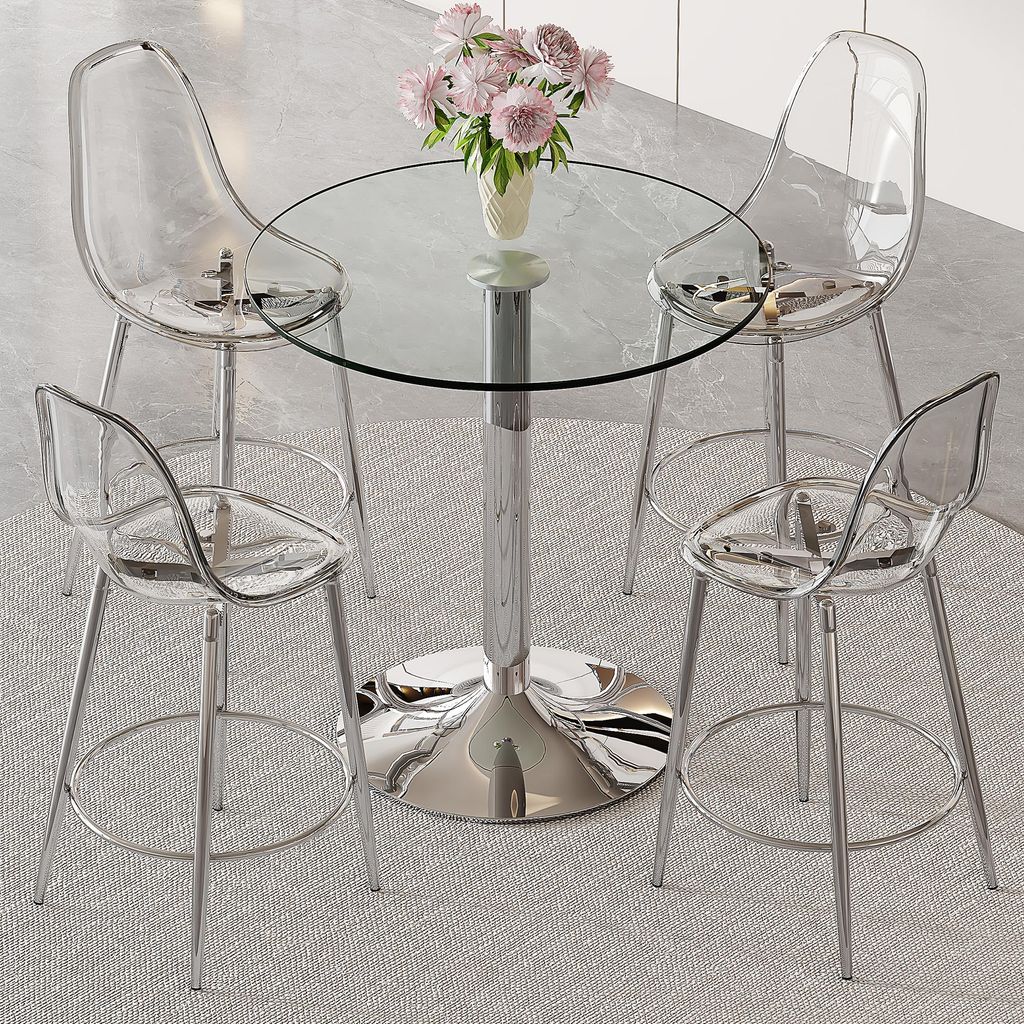 Modernes 5-Teiliges Bar-Set: Ø 89cm Glastisch & 4 Transparente Barhocker | 92cm Stehtisch mit 66cm Sitzhöhe | Platzsparendes Design für Küche &...