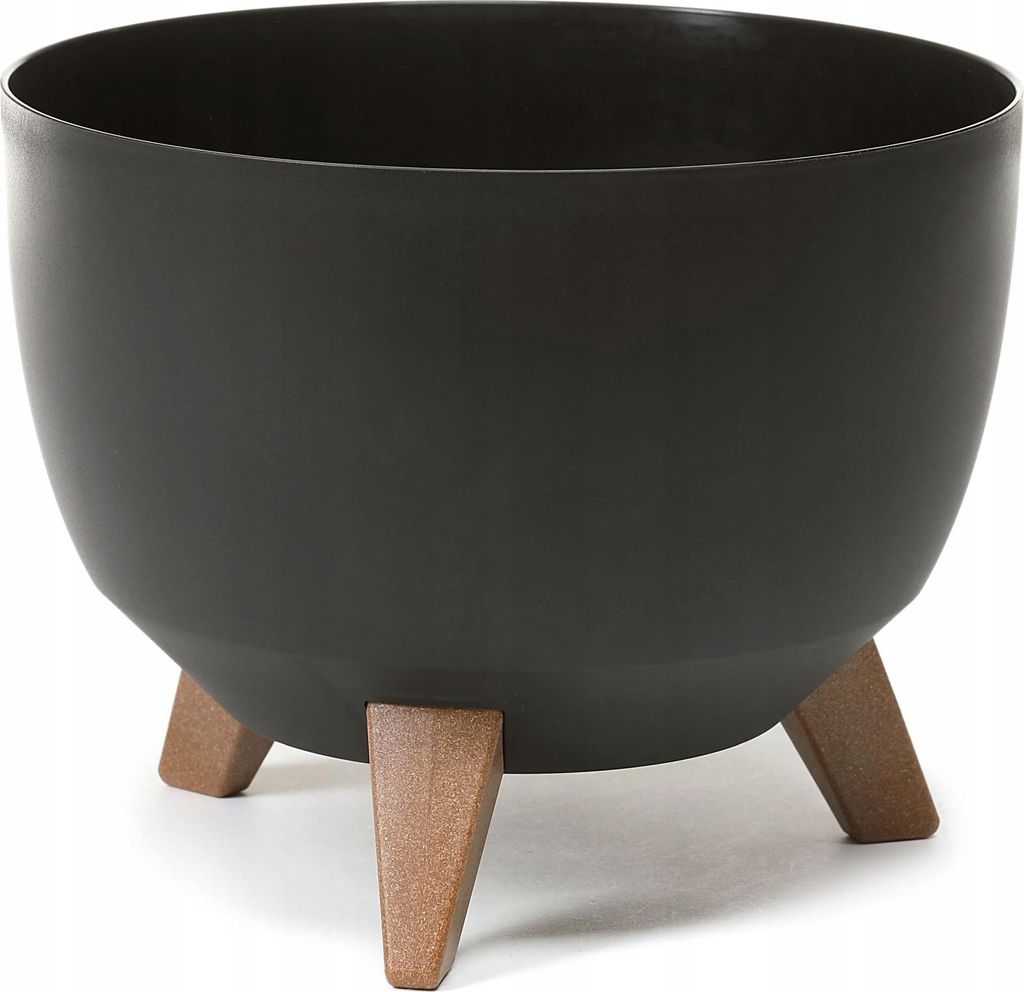 A black planter pot with three brown legs, isolated on a white background.