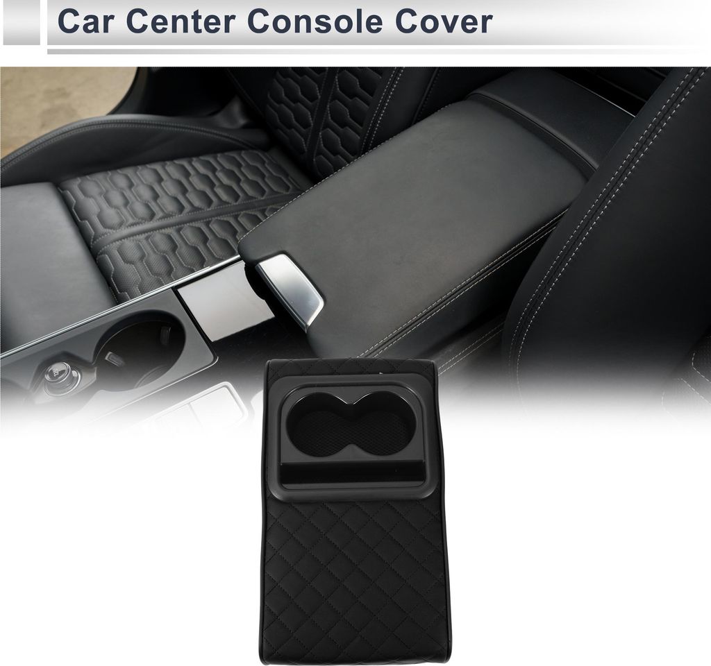 Auto Mittelkonsole Abdeckung Auto Armlehnenabdeckung mit Becherhalter 13,39"x7,48"x2,95" Schwarz Napa Leder Diamantmuster