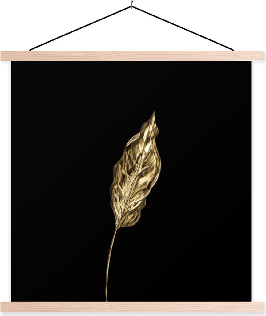 MuchoWow Textilposter Blatt - Gold - Pflanze 120x120 cm mit holzfarbenen Rahmen - Textil-Poster