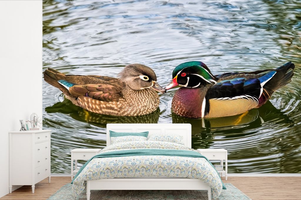 MuchoWow Fototapete für Wohnzimmer oder Schlafzimmer Wandtapete Vinyl Motivtapete Ente - Vögel - Wasser - Federn - Tiere - 450x300 cm - Gemusterte