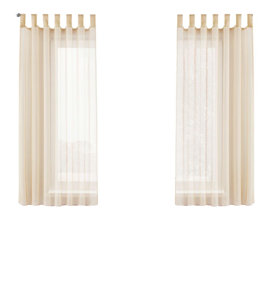 Two sheer curtains hanging on a window rod against a white background.