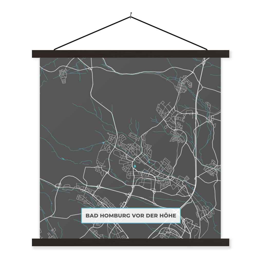 MuchoWow Textilposter Bad Homburg vor der Höhe - Stadtplan - Blau - Karte - Deutschland 40x40 cm mit schwarzem Rahmen - Fotos