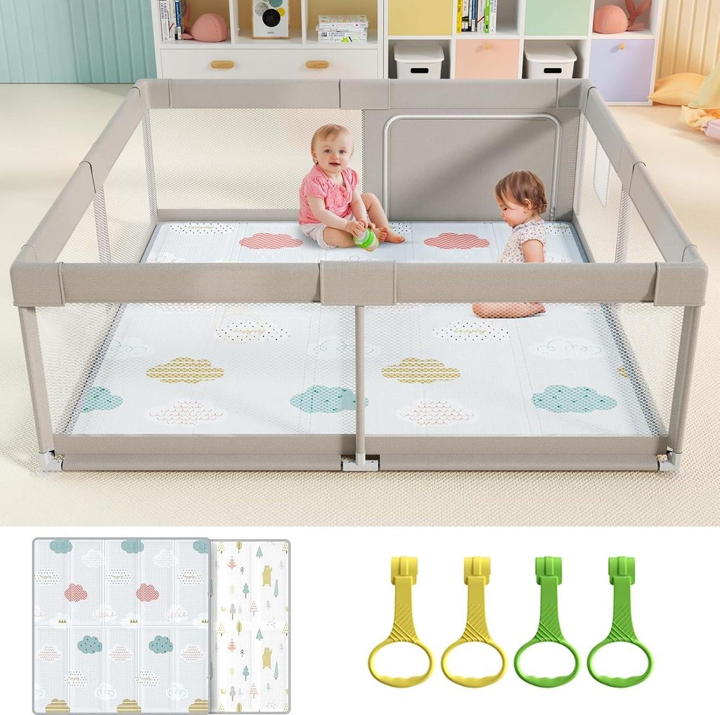 Baby Laufstall mit Matte - 150x150 cm XXL Laufgitter Baby Playpen, Mittelgrau, Oxford, Stahl, 150 cm, 150 cm