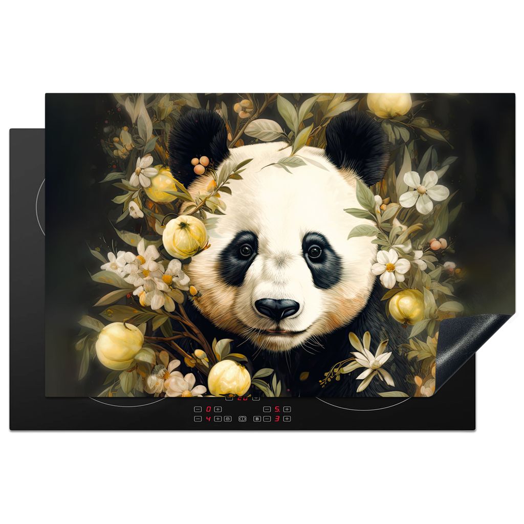 KitchenYeah Herdabdeckplatte Panda - Pandabär - Wildtiere - Blumen , 80x52cm, Küche Deko, Glaskeramikkochfeld Herdabdeckung, Abdeckplatte fùr ...