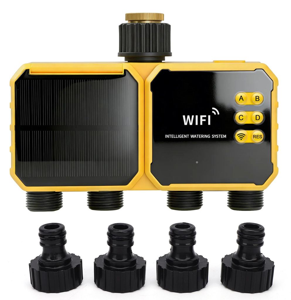 Sprinkler-Steuergerät für 4 Zonen, solarbetriebenes WLAN-Bewässerungssteuergerät mit Fernsteuerung per App, Regensensor, um 90° verstellbares ...