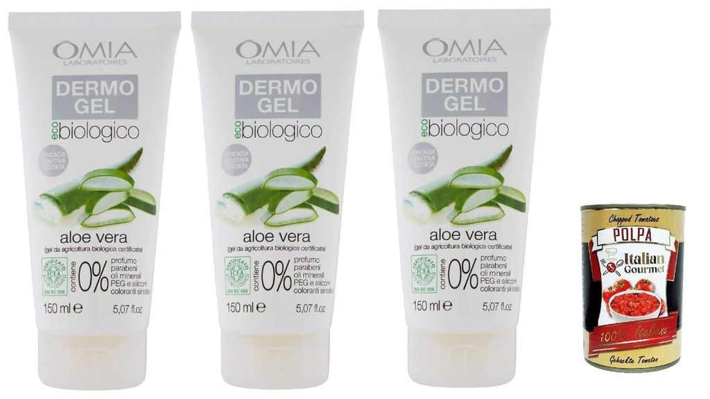 Omia Dermogel Lenitivo, Creme fur Gesicht und Körper mit Aloe,Ausgezeichnet für empfindliche, rot und gereizte Haut, 3x 150 ml + Italian Gourmet ...