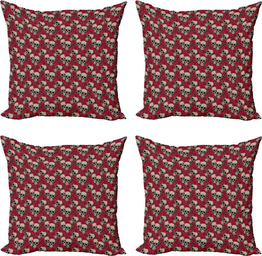 ABAKUHAUS Rose Kissenbezug Set (4 Stück), Schädel rote Blüten Retro, Moderner Doppelseitiger Digitaldruck, 40 cm x 40 cm, Vermilion Tan Grün