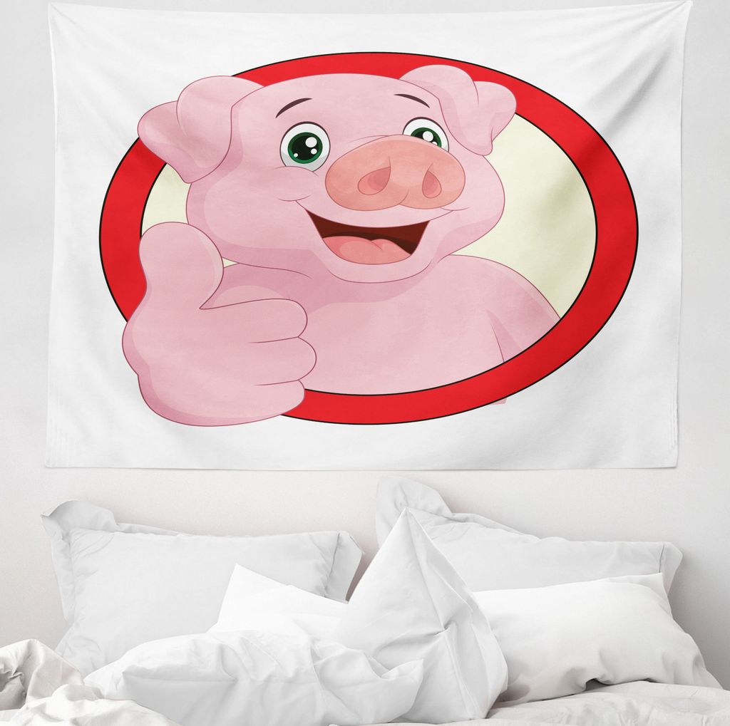 ABAKUHAUS Karikatur Wandteppich, Schwein-Maskottchen Daumen aus Weiches Mikrofaser Stoff Waschbar ohne Verblassen Digitaldruck, 150 x 110 cm, Vermi...