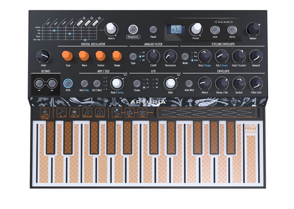 A top-down view of a black Arturia Microfreak synthesizer with orange and brown keys, set against a white background.
