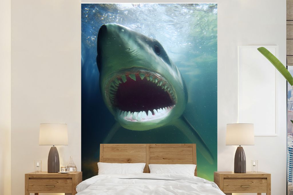 MuchoWow Fototapete für Wohnzimmer oder Schlafzimmer Wandtapete Vinyl Motivtapete Hai mit offenem Maul in trübem Wasser - 225x350 cm - Schlafzi...