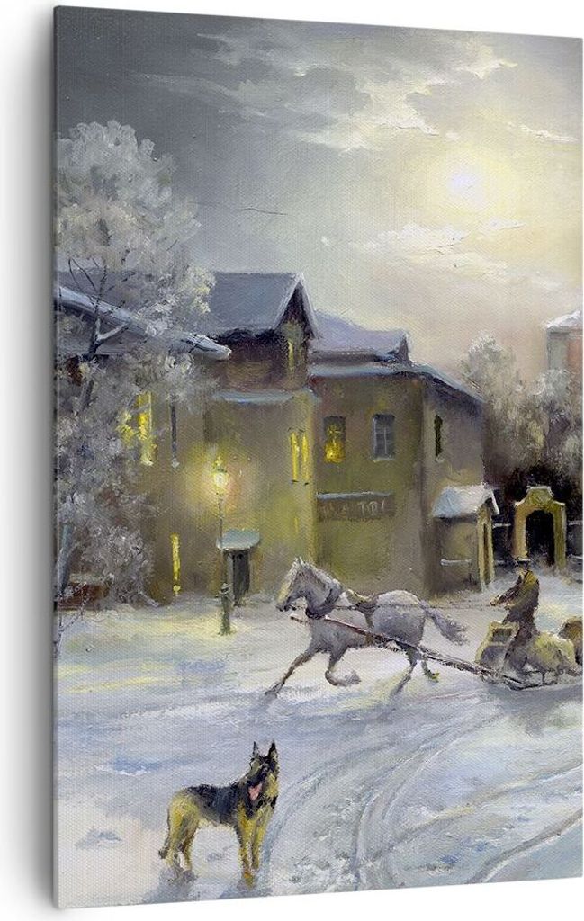 Bild auf Leinwand - Leinwandbild - Einteilig - Dorf Schlitten Schnee - 80x120cm - Wand Bild - Wanddeko - Wandbilder - Leinwanddruck - Wanddekoratio...