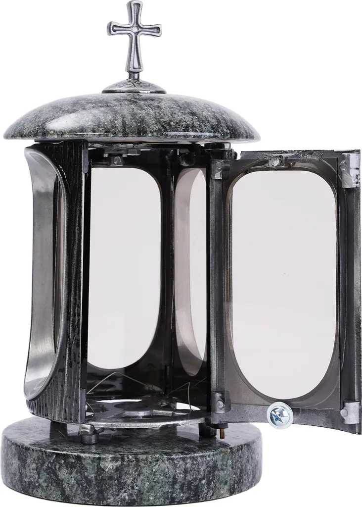 Lampe funéraire robuste vert olive et croix argent résistante aux UV