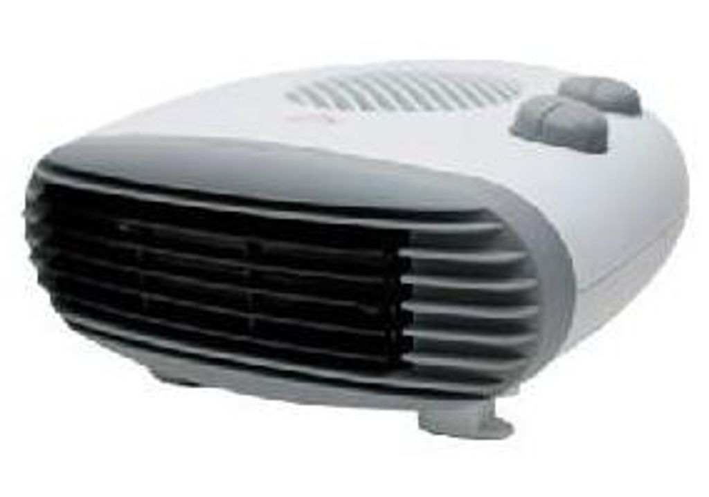 A white and gray electric space heater is shown from a diagonal angle against a white background.