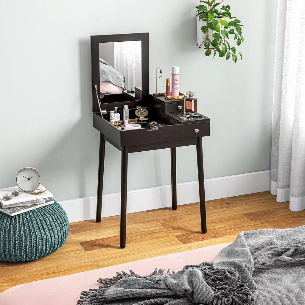 Coiffeuse noire 2 tiroirs miroir pliable table maquillage 60x50x85,5cm