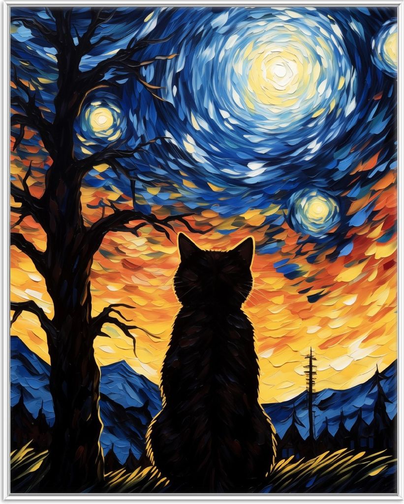 Wallario Wandbild Katze im Sternenlicht, Größe: 40,30 x 50,30 cm, Poster mit weißem Aluminiumrahmen