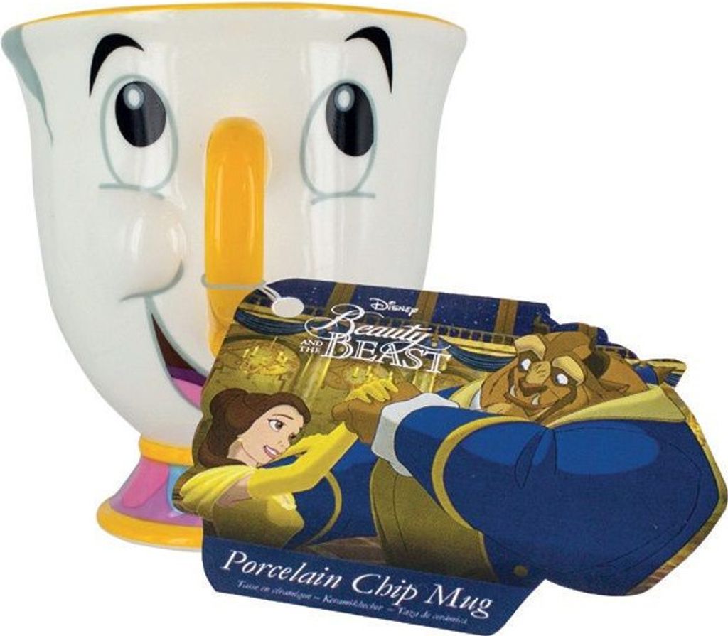 A Beauty and the Beast Chip mug with its packaging.