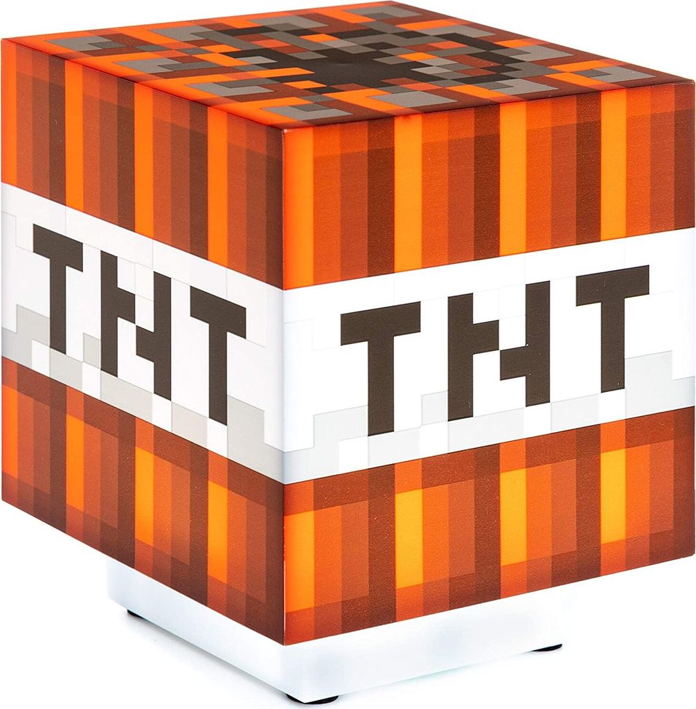 A cube-shaped lamp designed to look like a block of TNT from the video game Minecraft.