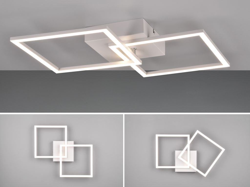A modern white ceiling light with intersecting square frames, shown from different angles.