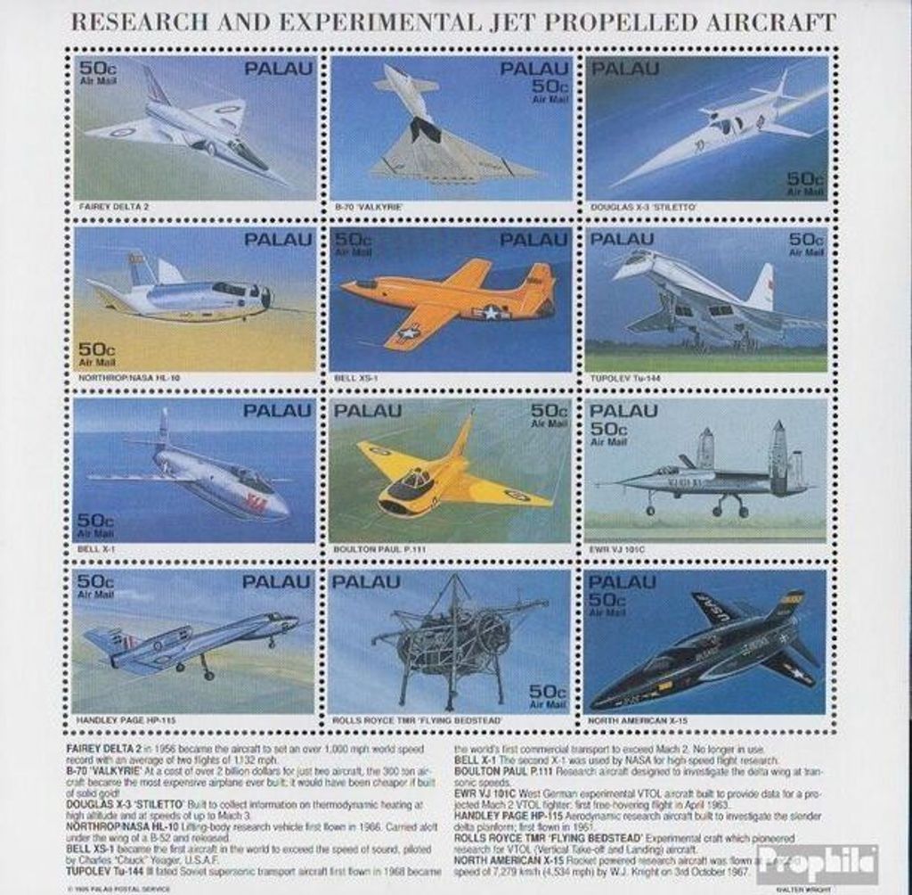 Briefmarken Palau-Inseln 1995 Mi 906-917 Zd-Bogen (kompl.Ausg.) postfrisch Geschichte Düsenflugzeug