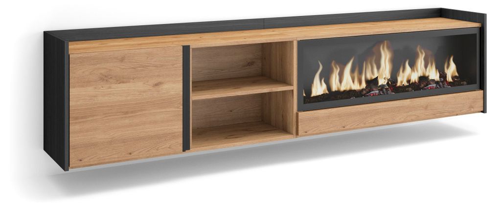 TV-Möbel Holzeffekt eiche schwarz 212x35x50cm Kamin mit Feuereffekt