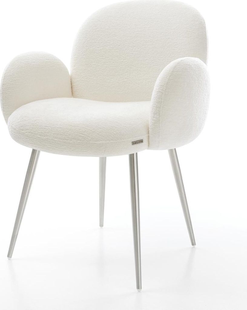 DELIFE Esszimmerstuhl Nube-Flex mit Armlehnen Bouclé Soft Beige 4-Fuß konisch Edelstahl Taschenfederkern