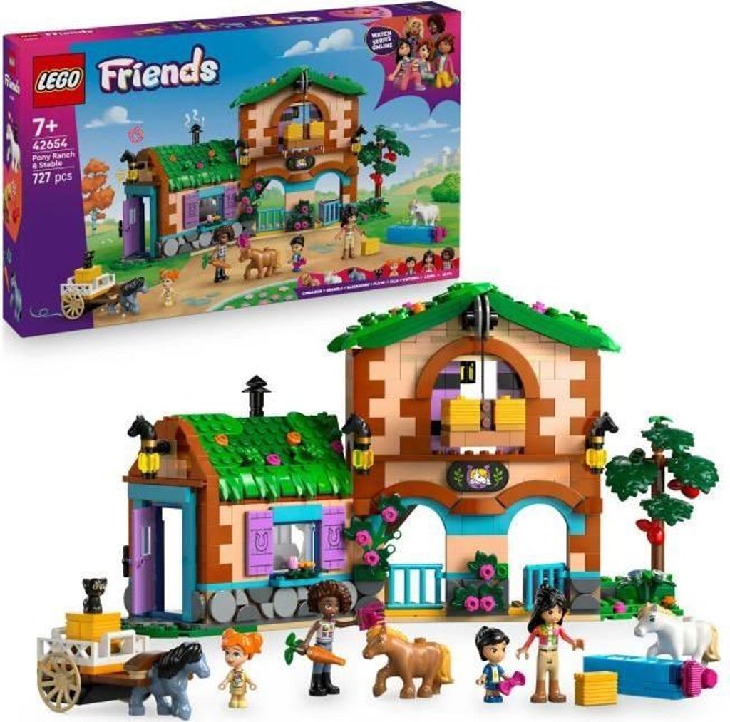 LEGO Friends Pony Ranch und Stallungen 42654, Bauset für Kinder ab 7 Jahren, mit 4 Figuren, 3 Ponys, Katze und Zubehör