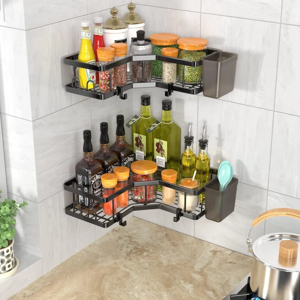 Étagère de Douche d'Angle en Acier Inoxydable Noir Mat sans Perçage - 7