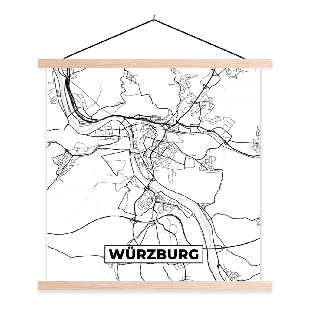 MuchoWow Textilposter Würzburg - Karte - Stadtplan - Wegbeschreibung 60x60 cm mit holzfarbenen Rahmen - Wanddekoration