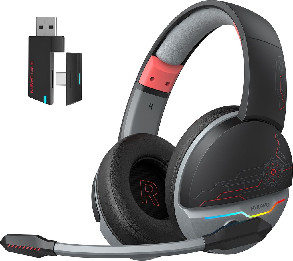 NUBWO Gaming-Headset, kabelloses Headset, Stereo, BT5.3 + kabelloses 2,4 G + 3,5 mm Kabel, 50 mm dynamisches Spulenband, Mikrofon, schwarz + rot