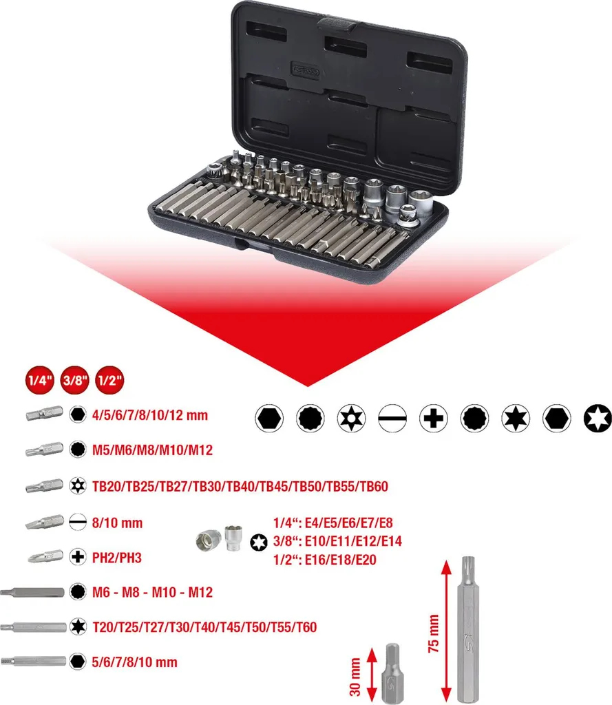 Coffret de douilles et embouts Torx TX 1/4"-1/2" KS Tools - 57 outils