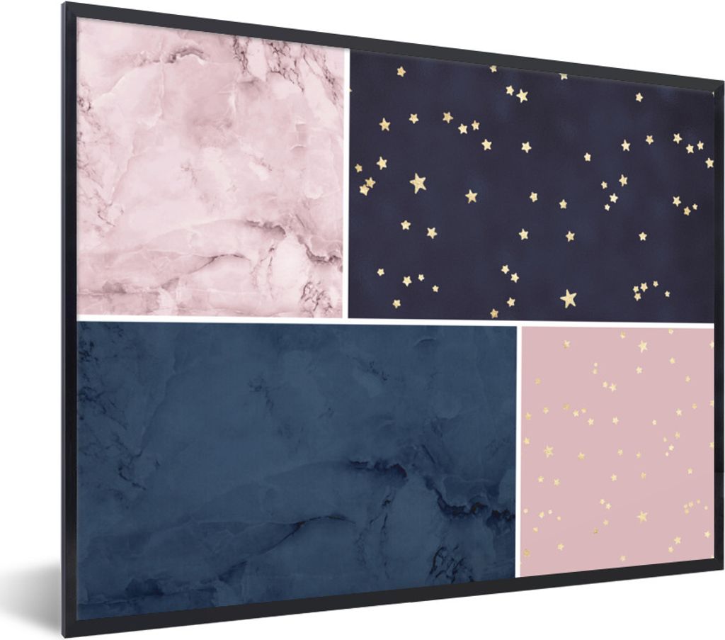 MuchoWow Gerahmtes Poster Marmor - Blau - Rosa - Collage 80x60 cm - Poster mit Schwarzem Bilderrahmen Wandposter Rahmen Foto Bilder - Schwarzem -...