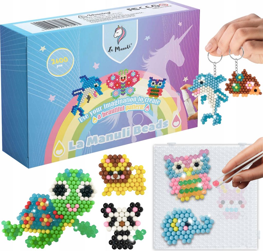 A collage of images showcasing a La Manuli water bead set, including the product packaging, examples of creations, and hands using tweezers to place beads.