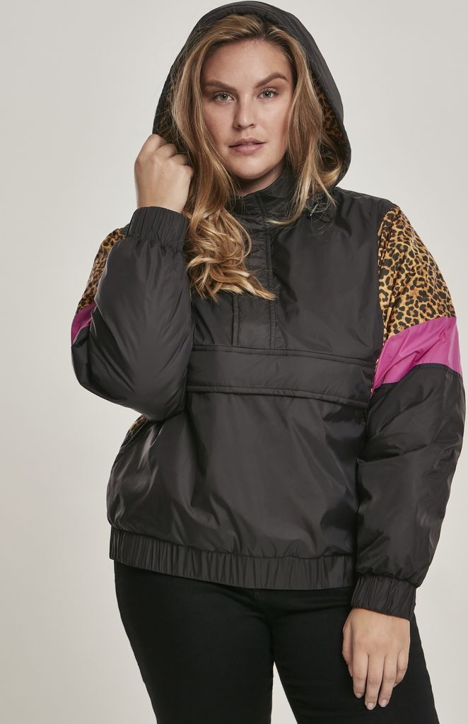 Urban Classics Damen Winterjacke Ladies AOP Mixed Pull Over Jacket Black/Leo-S