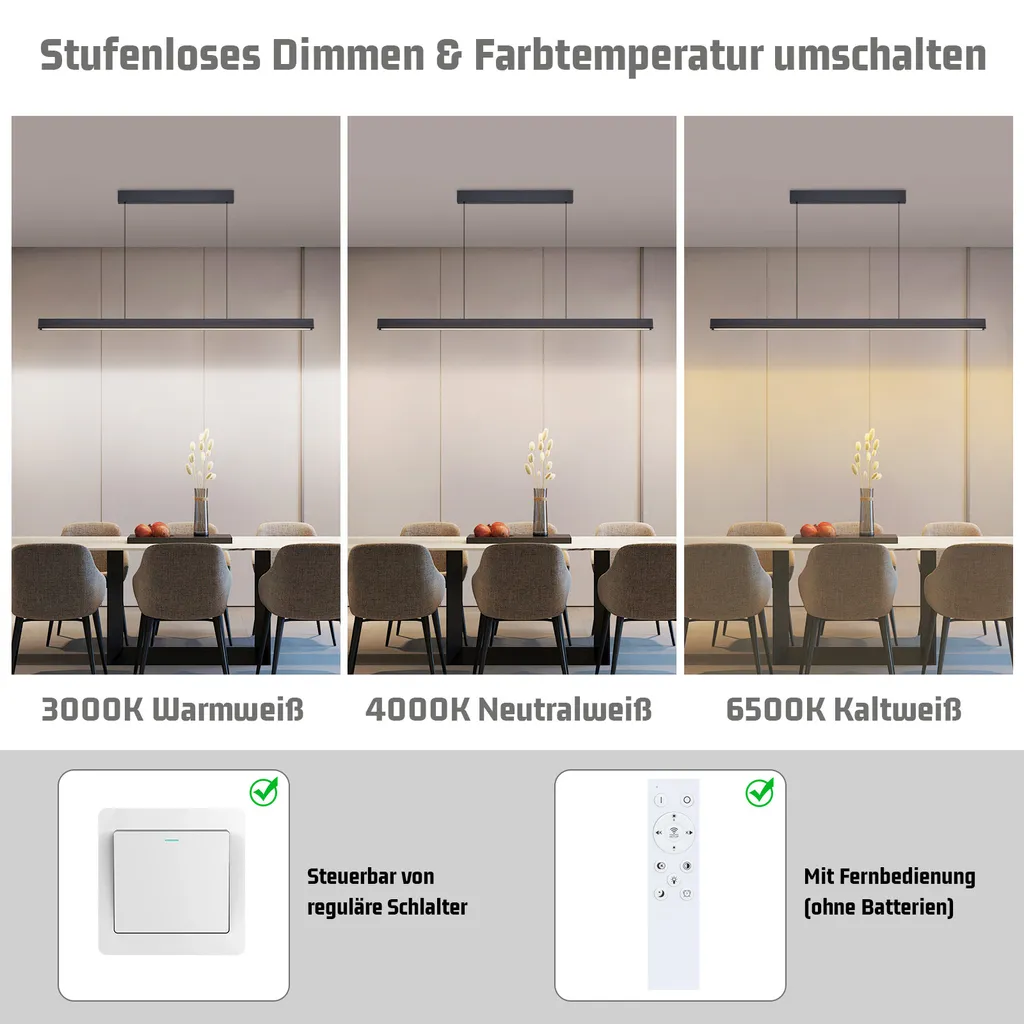 ZMH LED lampada a sospensione sala da pranzo lampada a sospensione dimmerabile tavolo da pranzo lampada a sospensione ufficio nero con telecomando 50W moderno tavolo da pranzo lampada a sospensione 148,5CM per cucina bar soggiorno camera da letto - 4