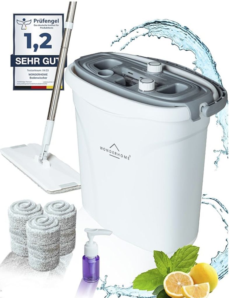 Wischmopp Set mit Eimer - Bodenwischer mit innovativem 3-Kammersystem - großvolumig - Wischmopp mit Auswringfunktion - Inkl. Seifenspender