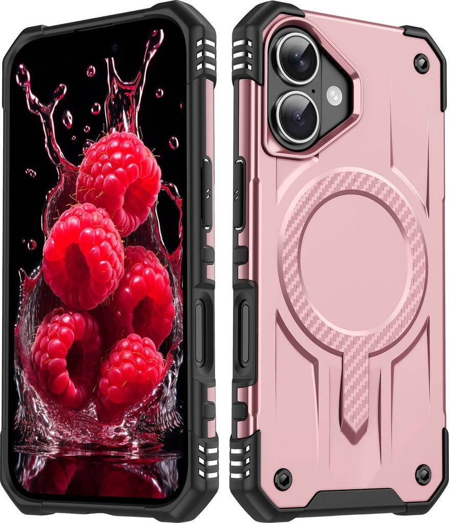 Magnetisch Hülle für iPhone 16, Dual Layer PC TPU Stoßfest Handyhülle Pink
