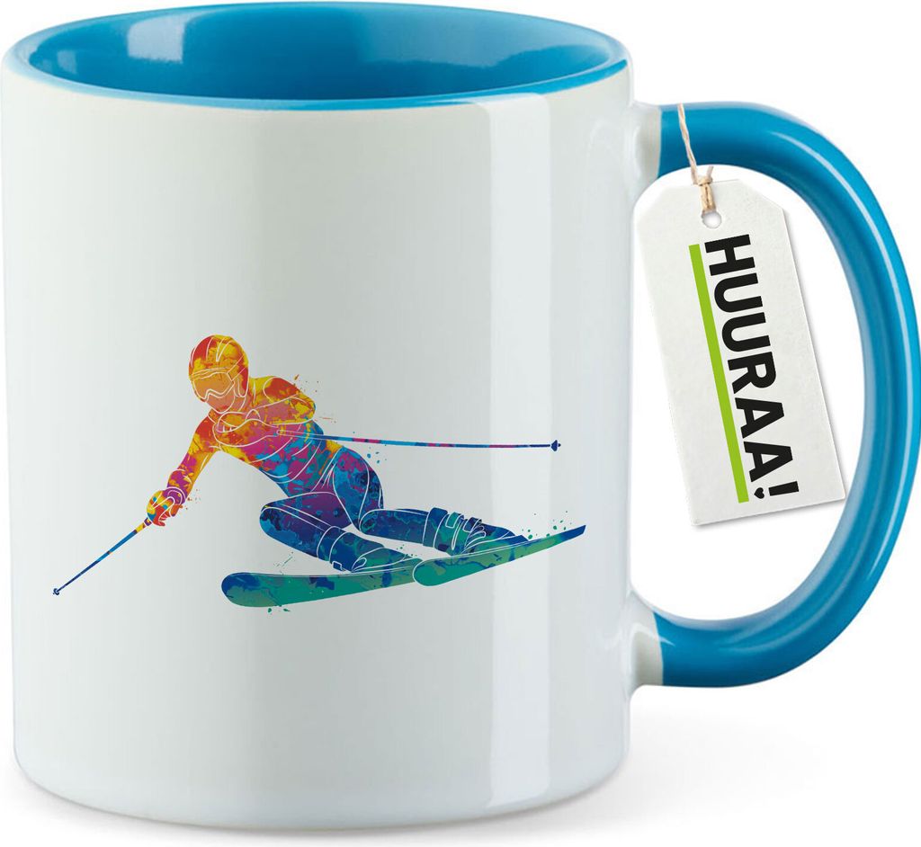 Huuraa Kaffeetasse Ski fahren bunte Silhouette 330ml Blau Keramik Kaffeebecher Geschenkidee