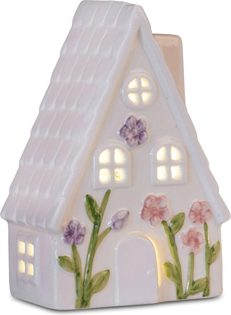 LED Dekoobjekt Haus Blumen H. 13cm weiß bunt aus Keramik Produktbild 
