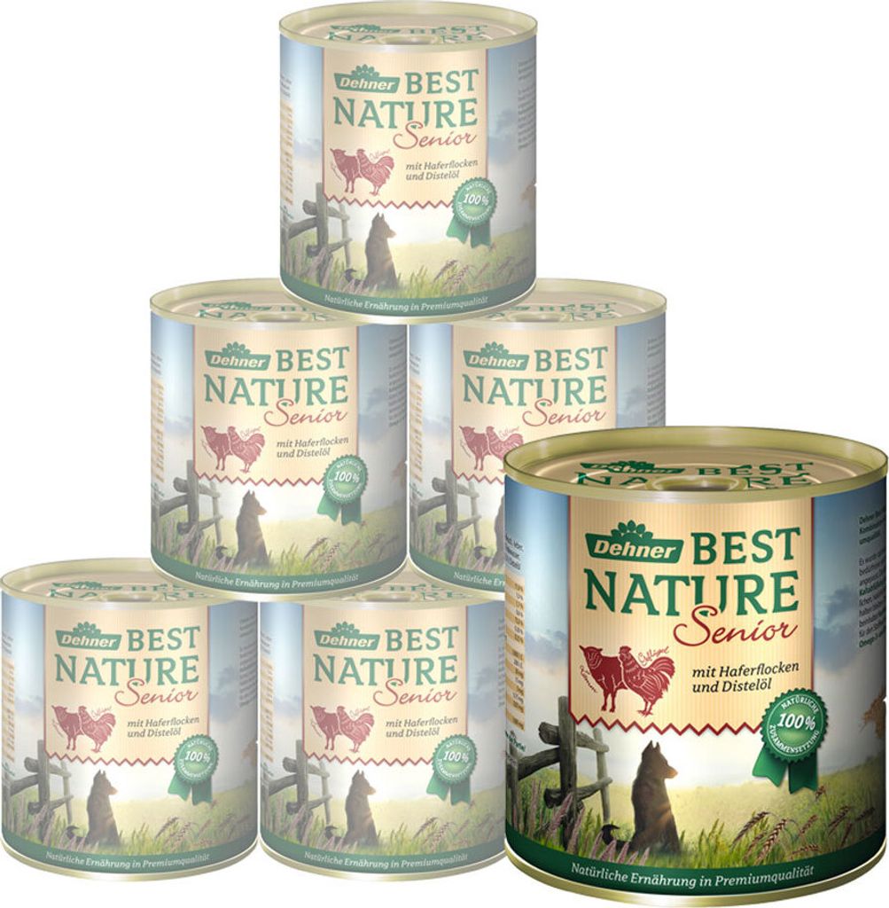 Dehner Best Nature Hundefutter Senior, Nassfutter, für ältere Hunde, Lamm / Geflügel / Haferflocken, 6 x 800 g Dose (4.8 kg)